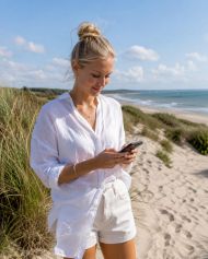 junge frau am strand in dänemark mit einem smartphone